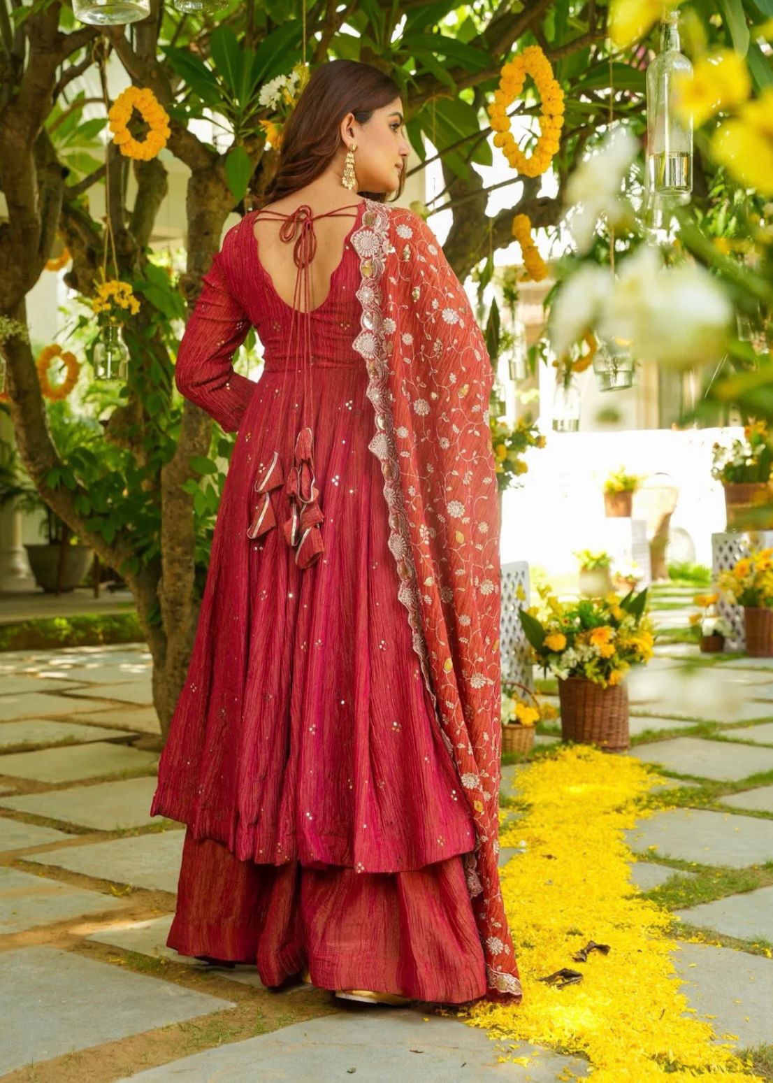 Double shades shimmer Silk Gown With Palazzo & Dupatta