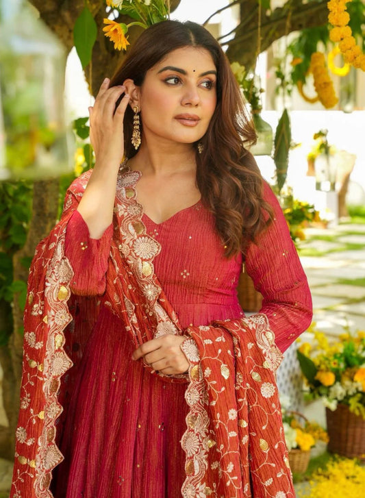 Double shades shimmer Silk Gown With Palazzo & Dupatta