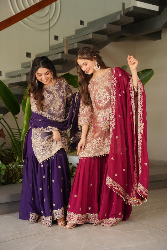 Red Coding Embroidered Sequence Work Sharara Suit