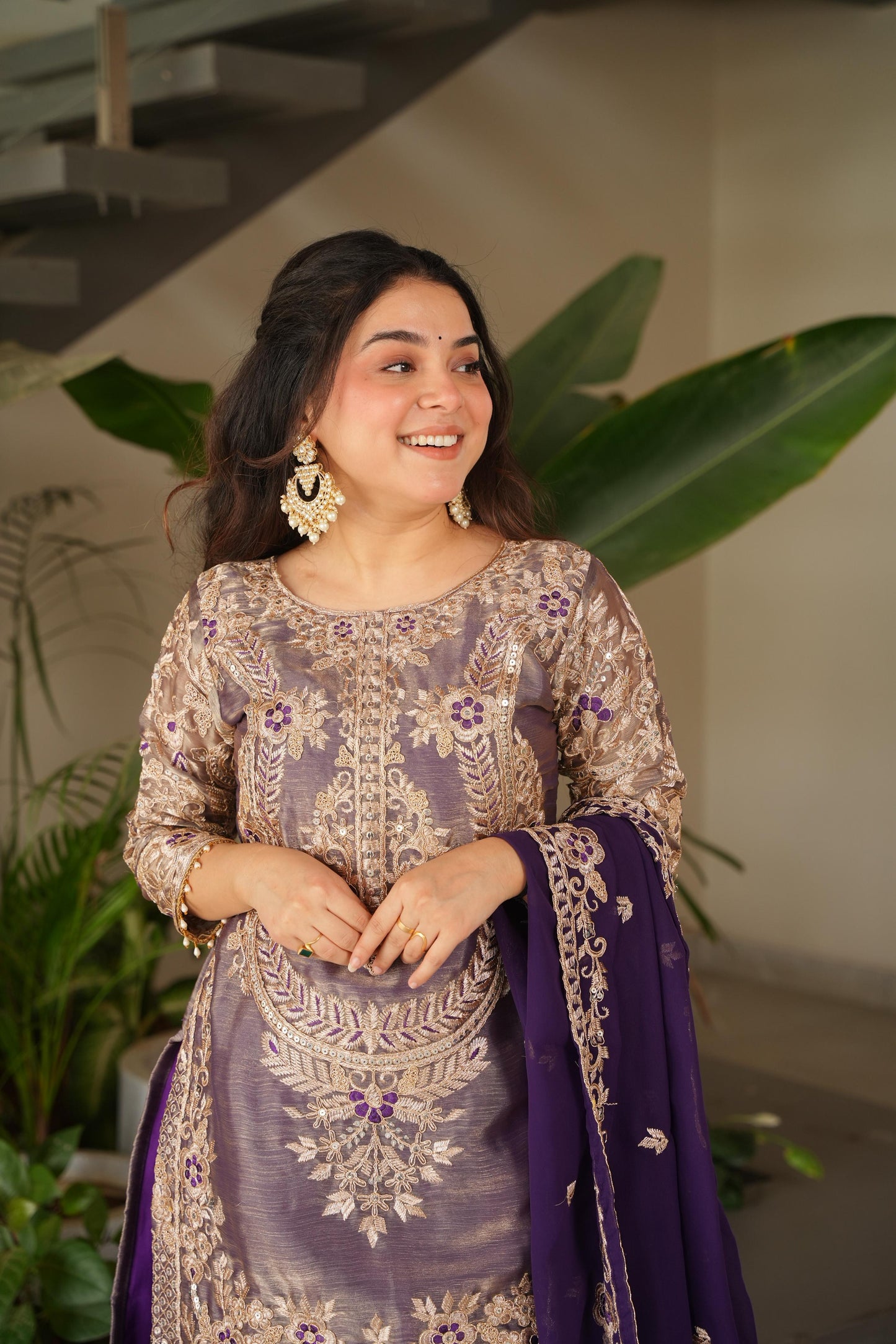 Purple Coding Embroidered Sequence Work Sharara Suit