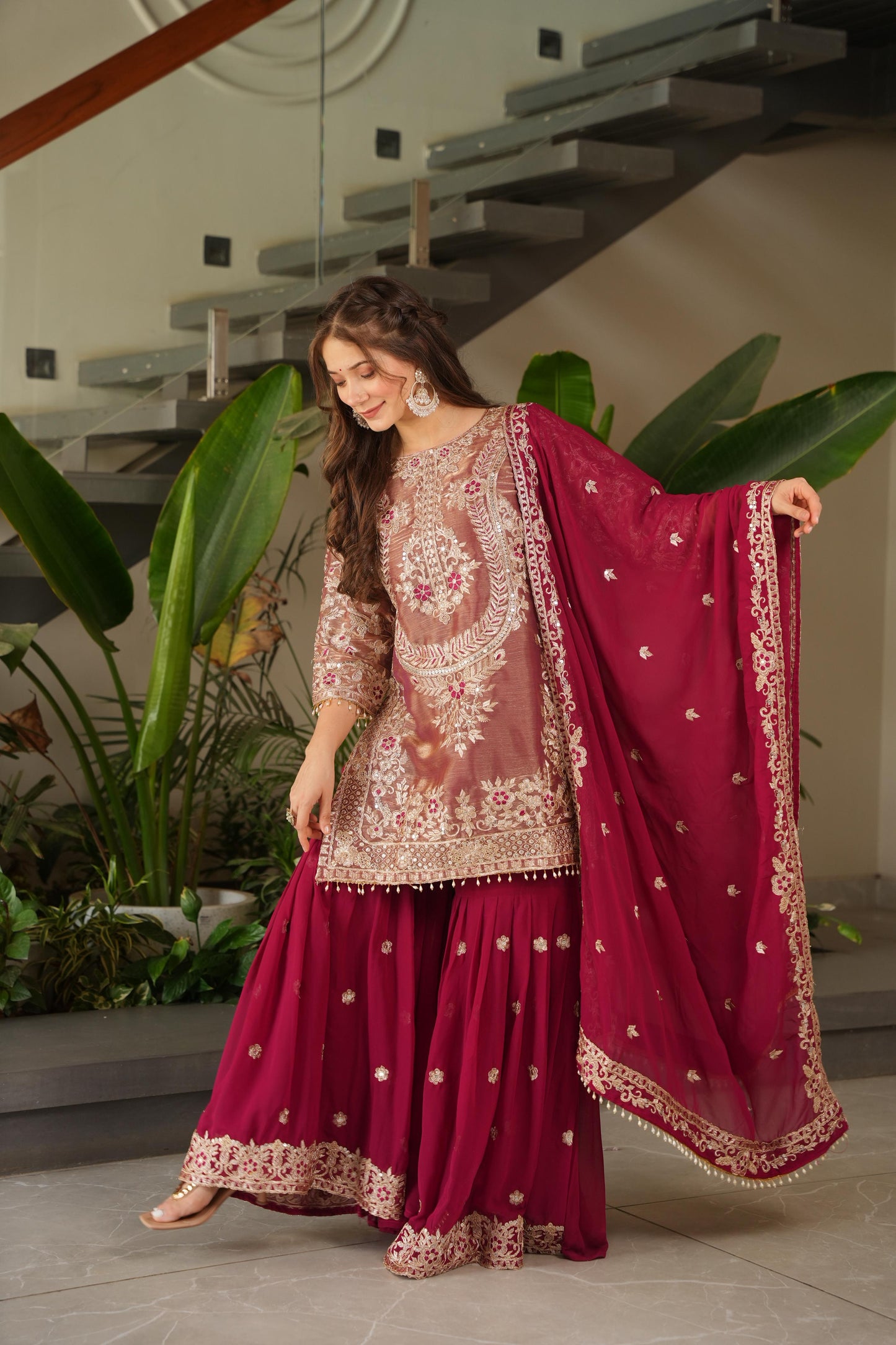 Red Coding Embroidered Sequence Work Sharara Suit