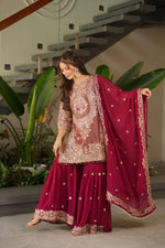 Red Coding Embroidered Sequence Work Sharara Suit
