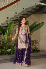 Purple Coding Embroidered Sequence Work Sharara Suit