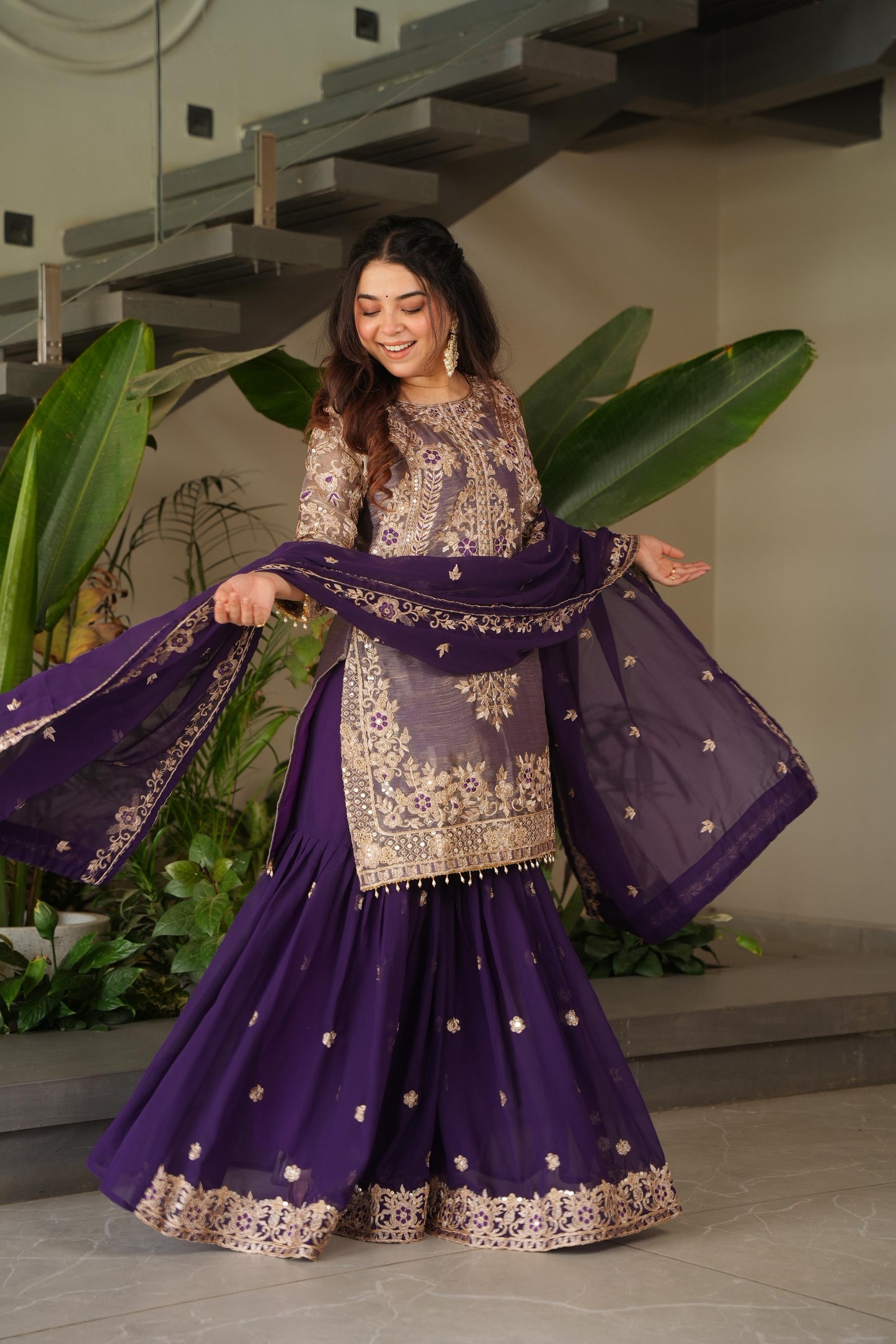 Purple Coding Embroidered Sequence Work Sharara Suit