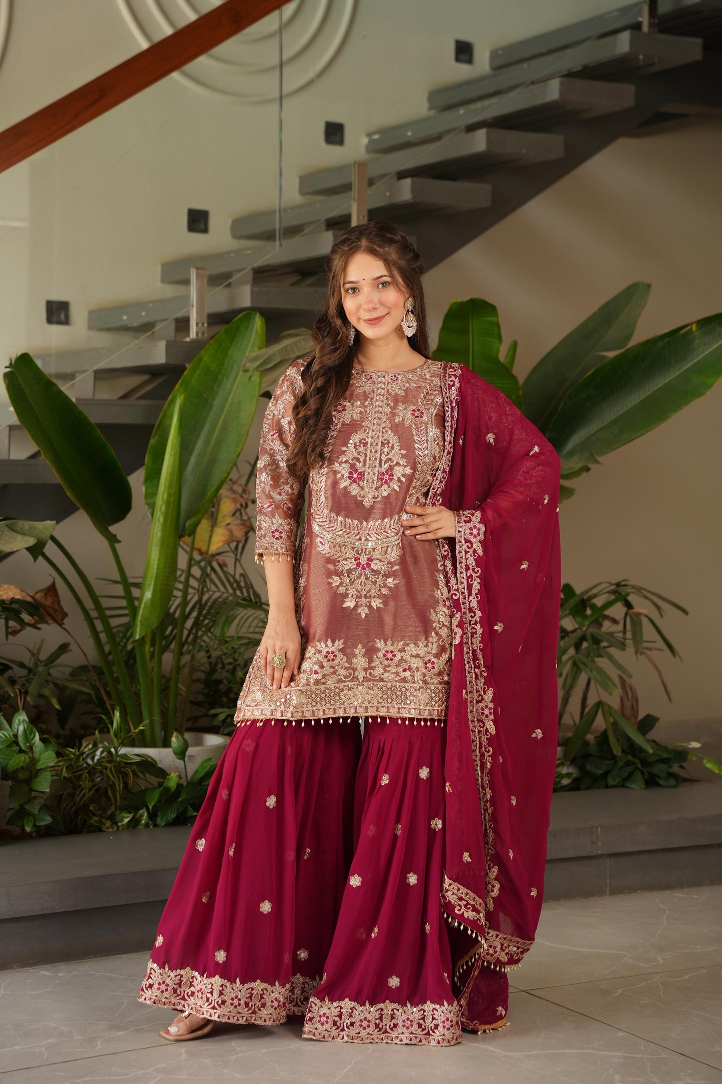 Red Coding Embroidered Sequence Work Sharara Suit