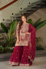 Red Coding Embroidered Sequence Work Sharara Suit