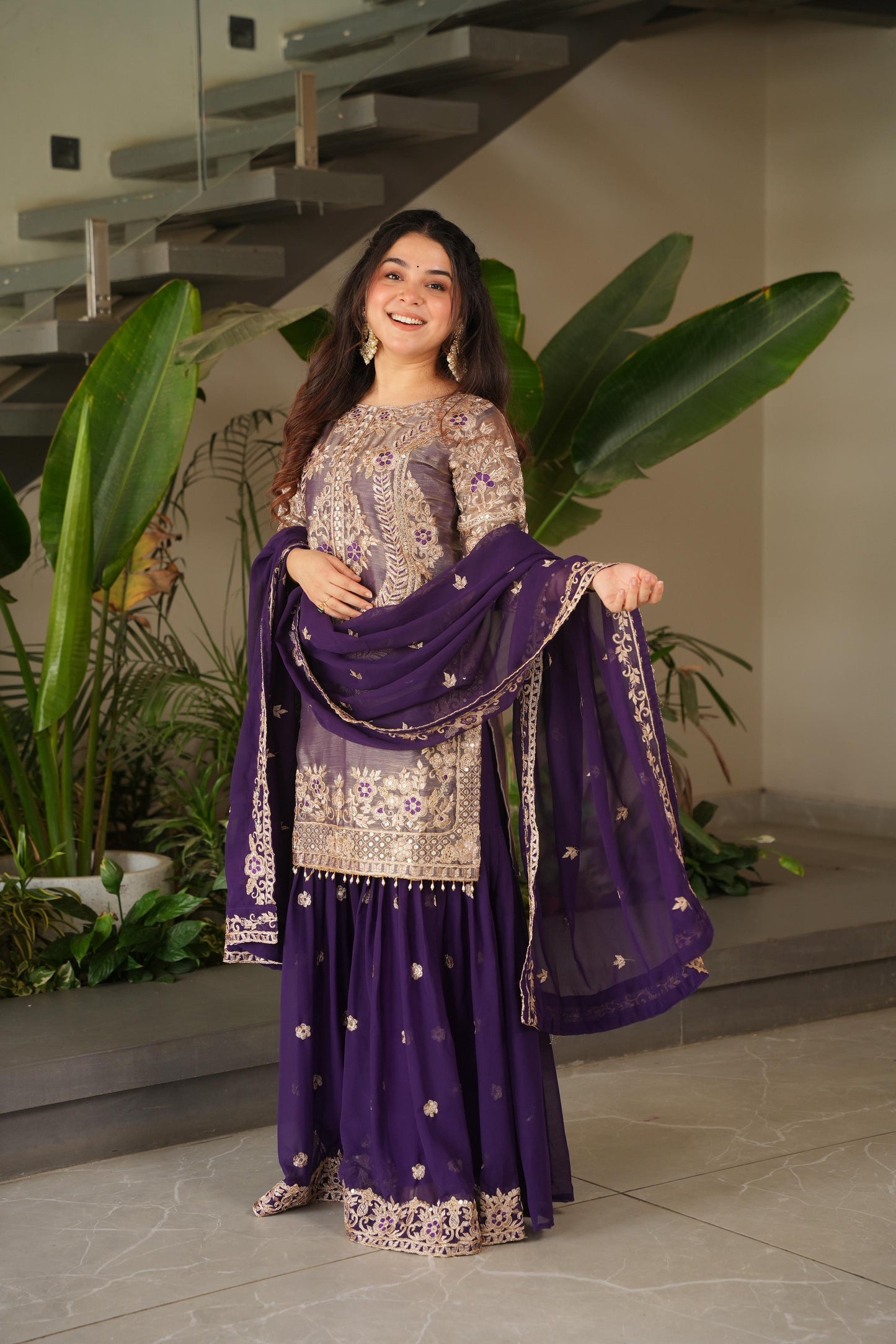 Purple Coding Embroidered Sequence Work Sharara Suit