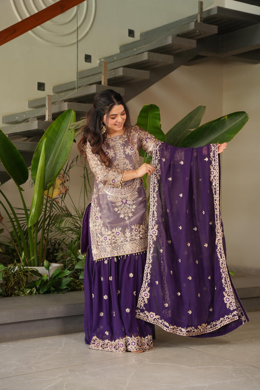 Purple Coding Embroidered Sequence Work Sharara Suit