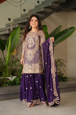 Purple Coding Embroidered Sequence Work Sharara Suit