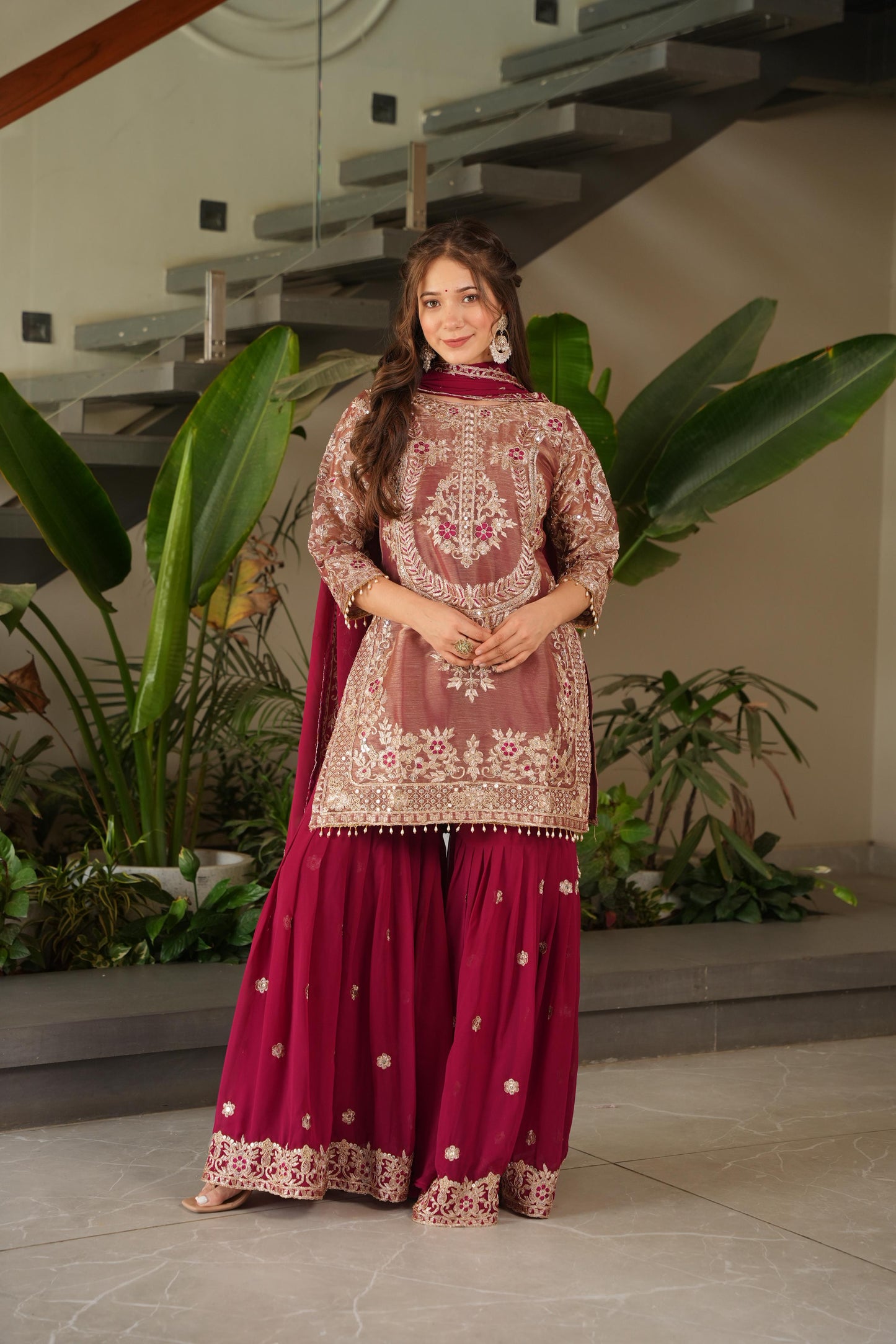 Red Coding Embroidered Sequence Work Sharara Suit