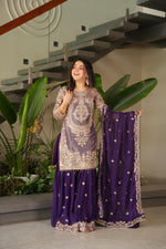 Purple Coding Embroidered Sequence Work Sharara Suit