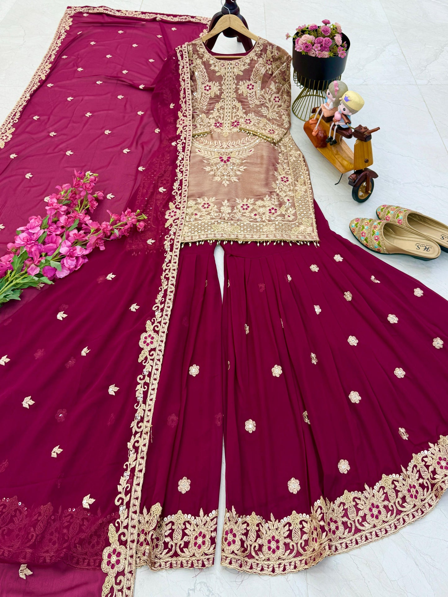 Red Coding Embroidered Sequence Work Sharara Suit
