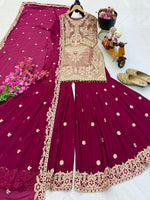Red Coding Embroidered Sequence Work Sharara Suit