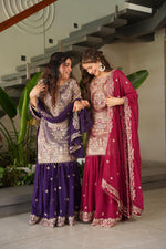 Purple Coding Embroidered Sequence Work Sharara Suit