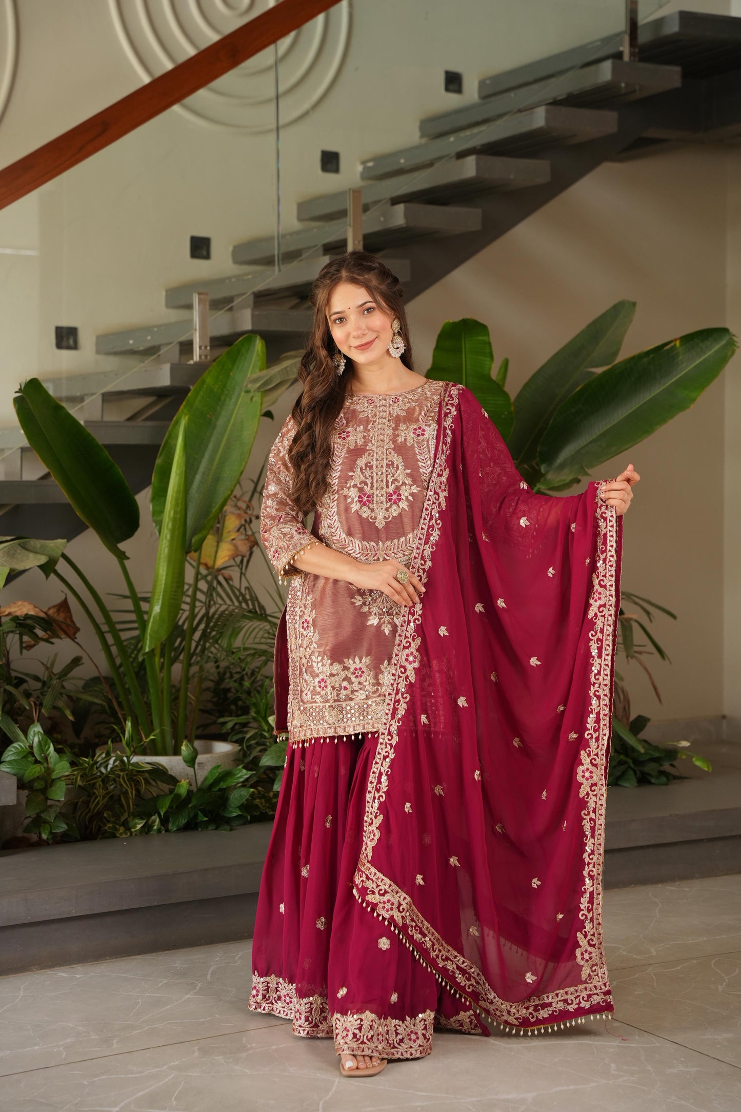 Red Coding Embroidered Sequence Work Sharara Suit