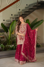 Red Coding Embroidered Sequence Work Sharara Suit