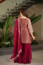 Red Coding Embroidered Sequence Work Sharara Suit