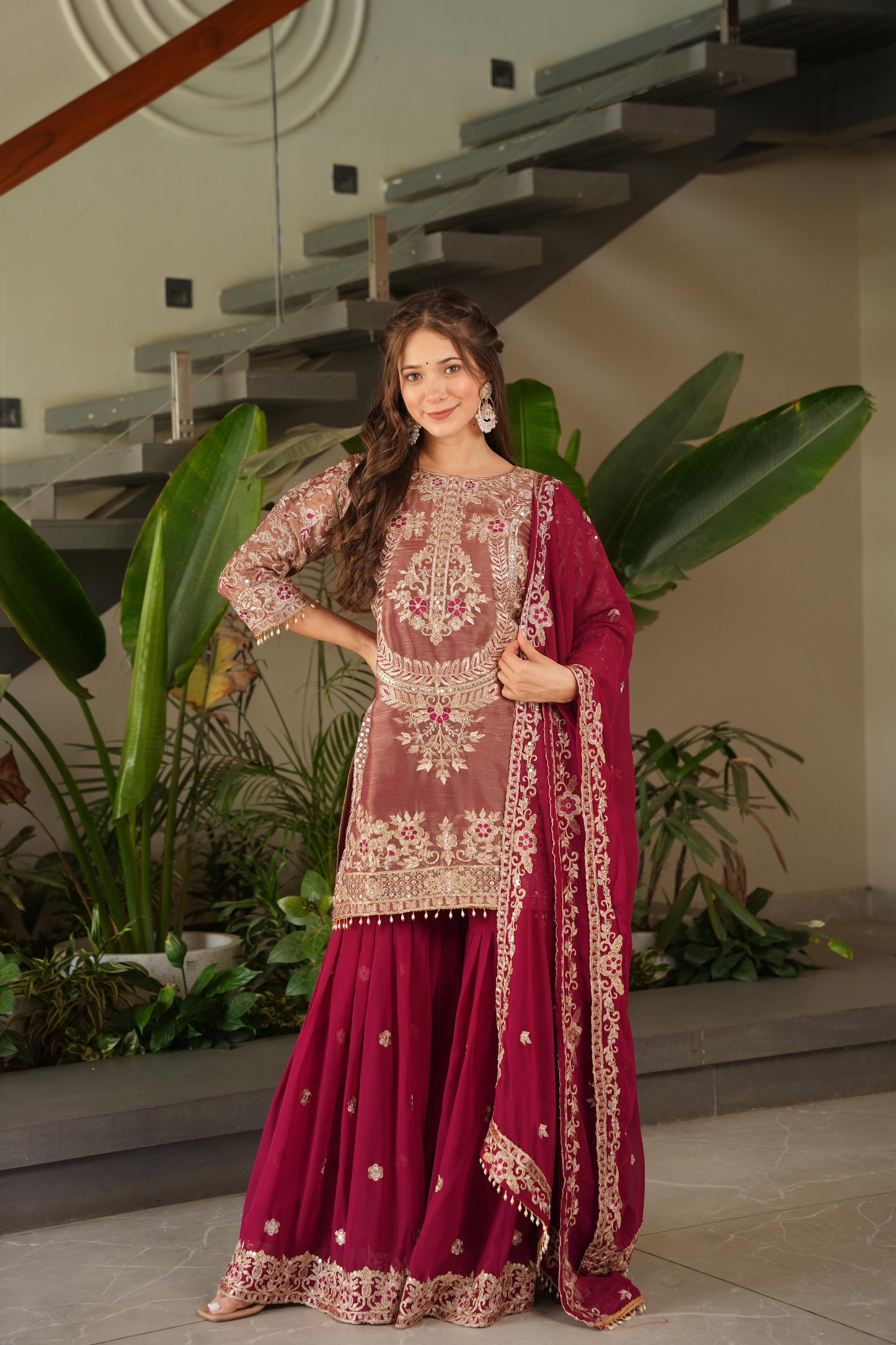 Red Coding Embroidered Sequence Work Sharara Suit