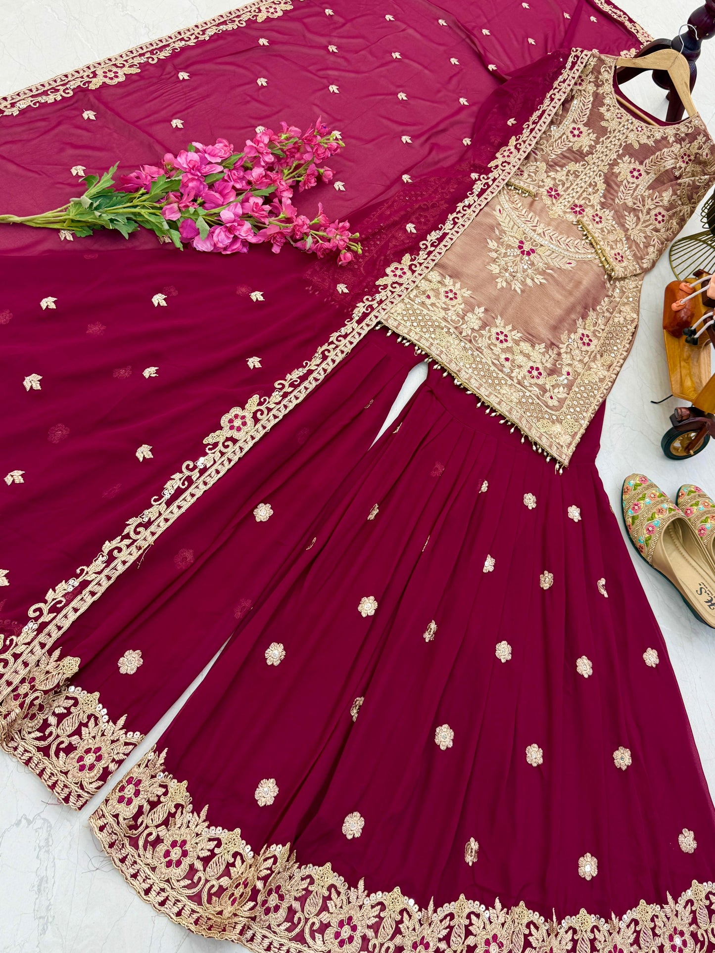 Red Coding Embroidered Sequence Work Sharara Suit