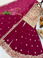 Red Coding Embroidered Sequence Work Sharara Suit
