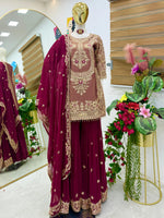 Red Coding Embroidered Sequence Work Sharara Suit