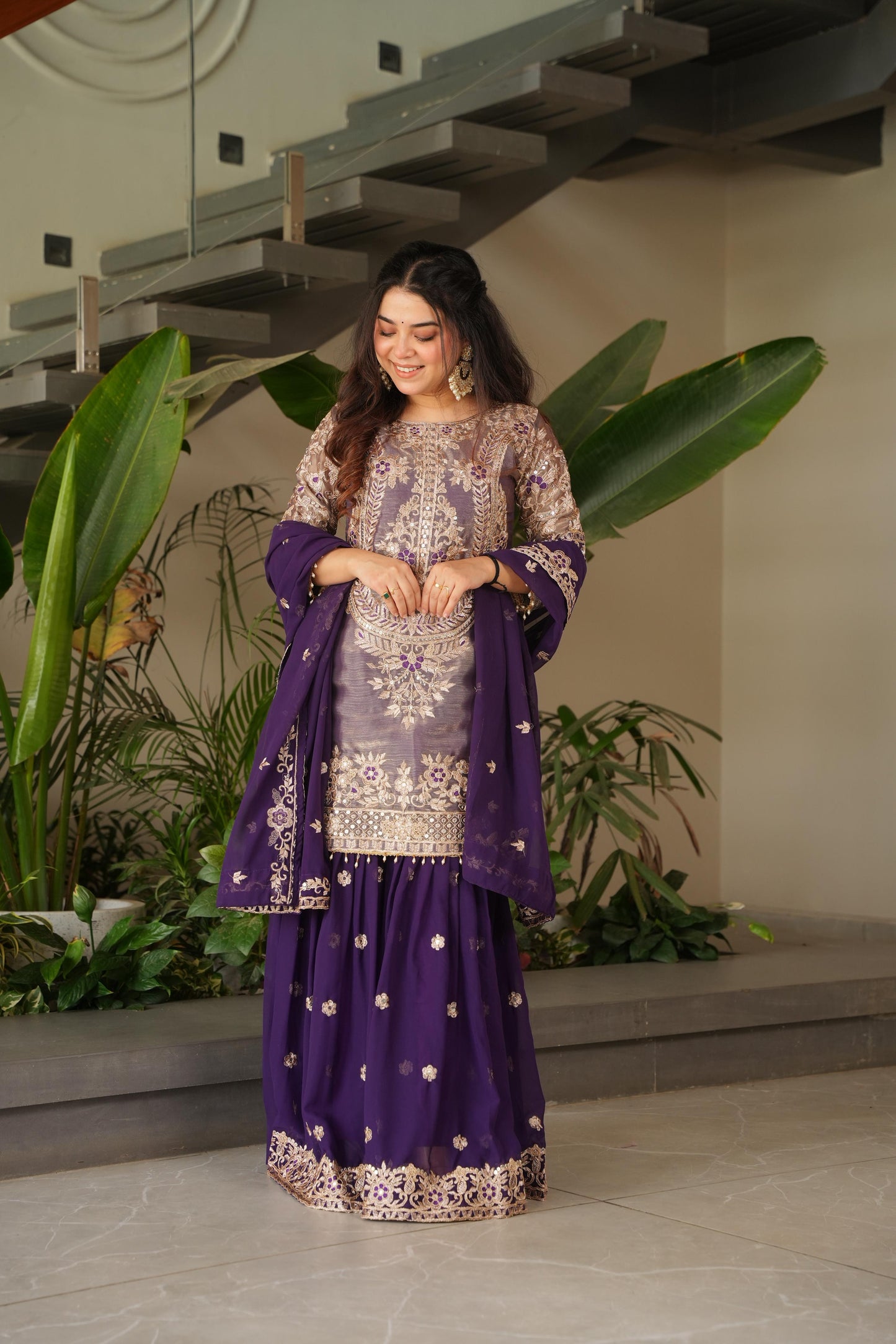 Purple Coding Embroidered Sequence Work Sharara Suit