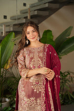 Red Coding Embroidered Sequence Work Sharara Suit