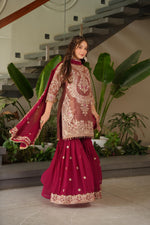 Red Coding Embroidered Sequence Work Sharara Suit