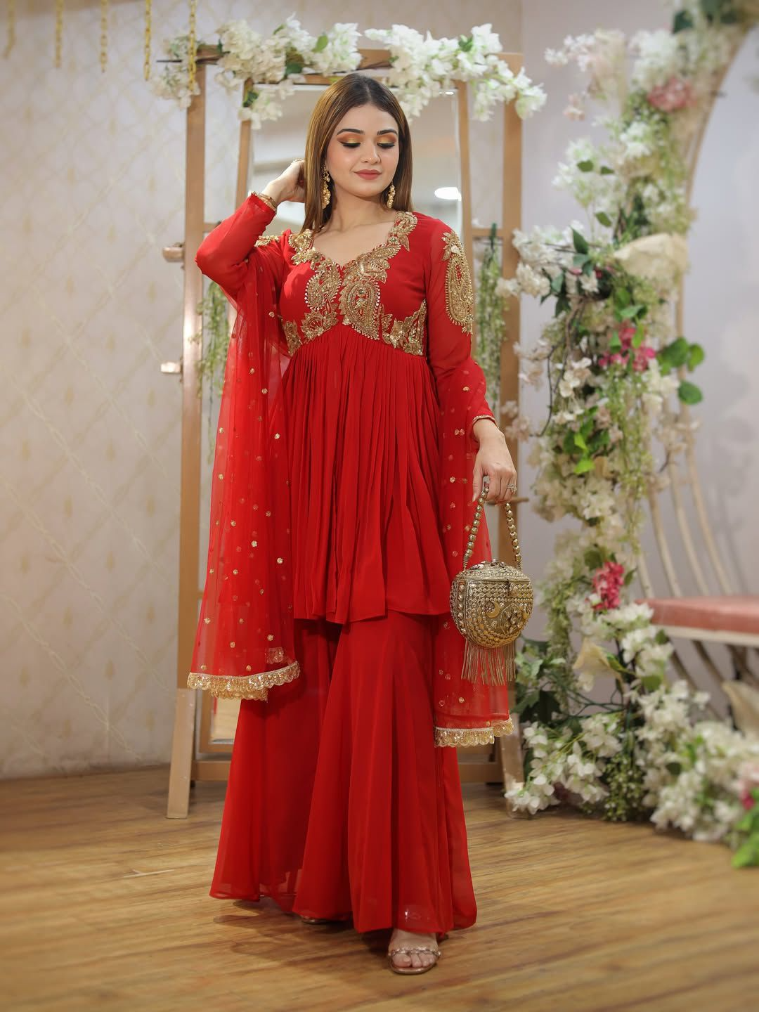 Orange Sequence embroidered Georgette Sharara Suit Set