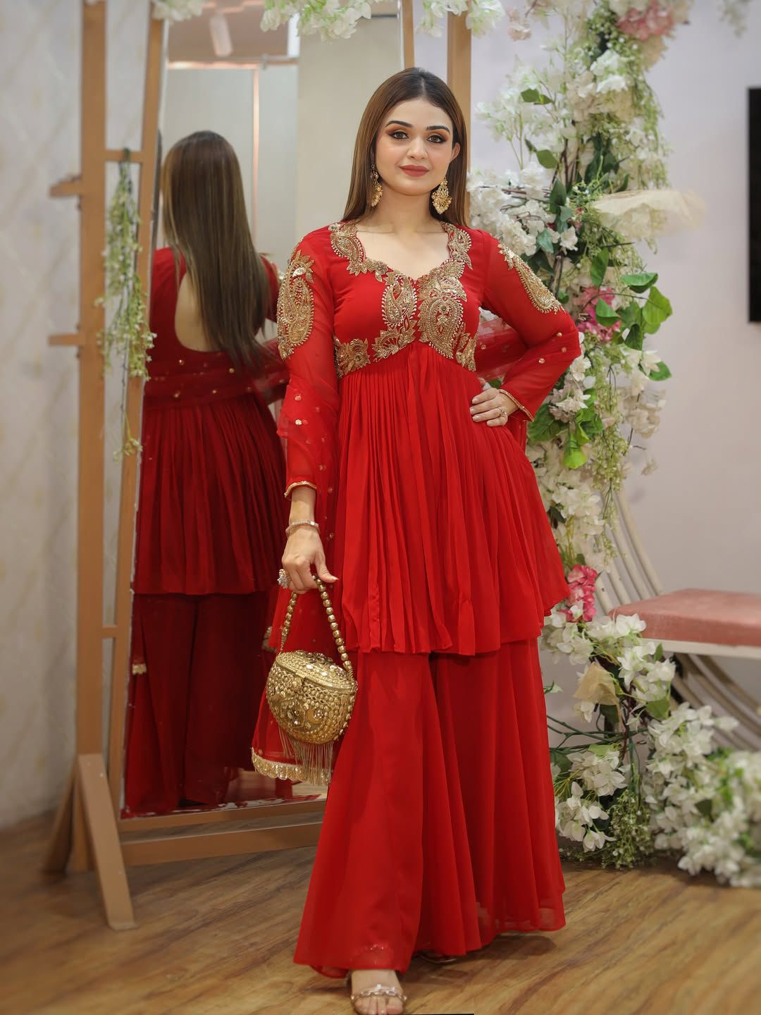 Orange Sequence embroidered Georgette Sharara Suit Set
