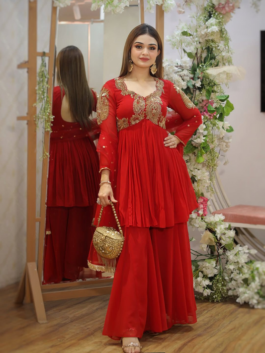 Orange Sequence embroidered Georgette Sharara Suit Set