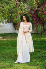 Delicate Thread Work Embroidered White Khadi Cotton  Anarkali Suit Set