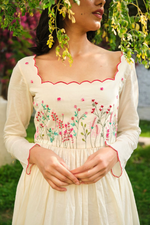 Delicate Thread Work Embroidered White Khadi Cotton  Anarkali Suit Set