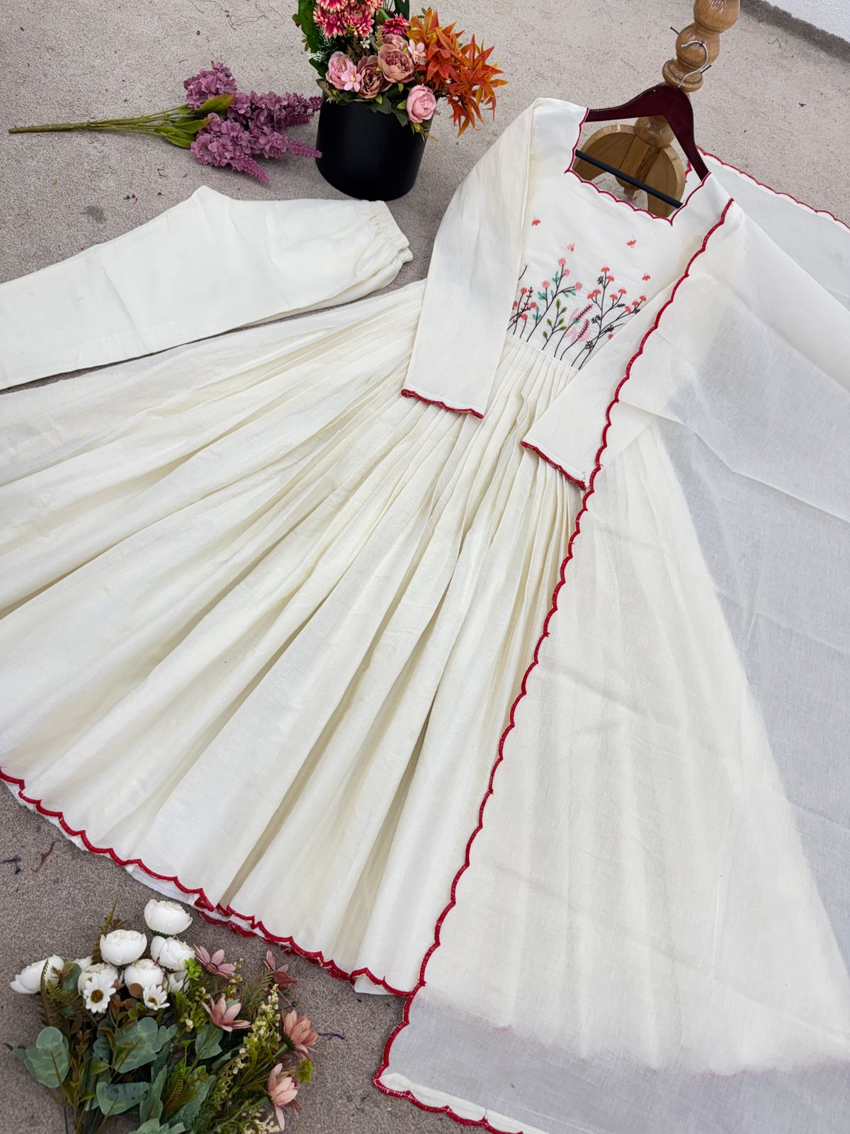 Delicate Thread Work Embroidered White Khadi Cotton  Anarkali Suit Set