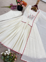 Delicate Thread Work Embroidered White Khadi Cotton  Anarkali Suit Set