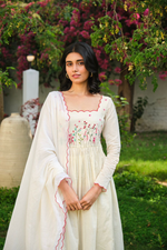 Delicate Thread Work Embroidered White Khadi Cotton  Anarkali Suit Set