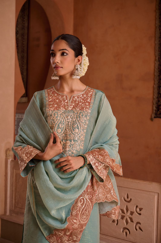 Blue Shimmer Tissue Embroidered Festive Kurta Palazzo Suit Set