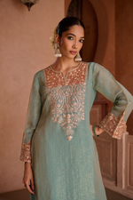 Blue Shimmer Tissue Embroidered Festive Kurta Palazzo Suit Set