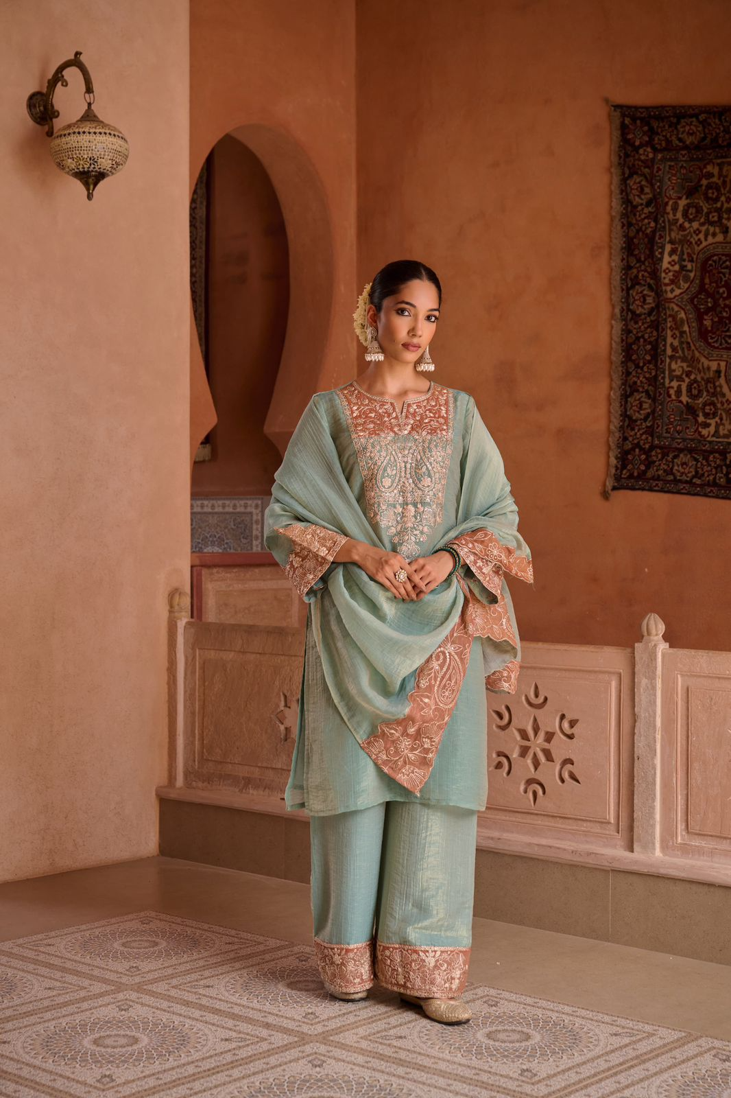 Blue Shimmer Tissue Embroidered Festive Kurta Palazzo Suit Set
