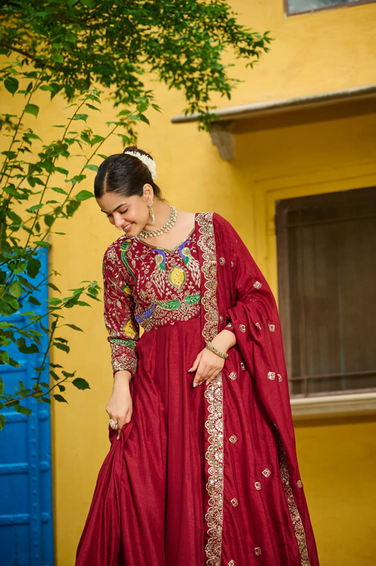 Mehroon Vichitra Multi-Thread Embroidered Gown