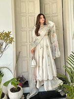 Off White Chinon Sequence Embroidered Anarkali Suit With Palazzo