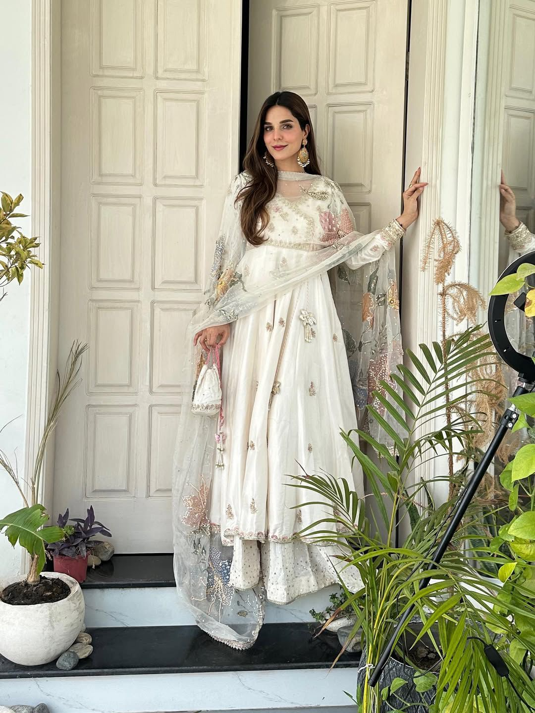 Off White Chinon Sequence Embroidered Anarkali Suit With Palazzo