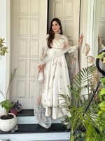 Off White Chinon Sequence Embroidered Anarkali Suit With Palazzo
