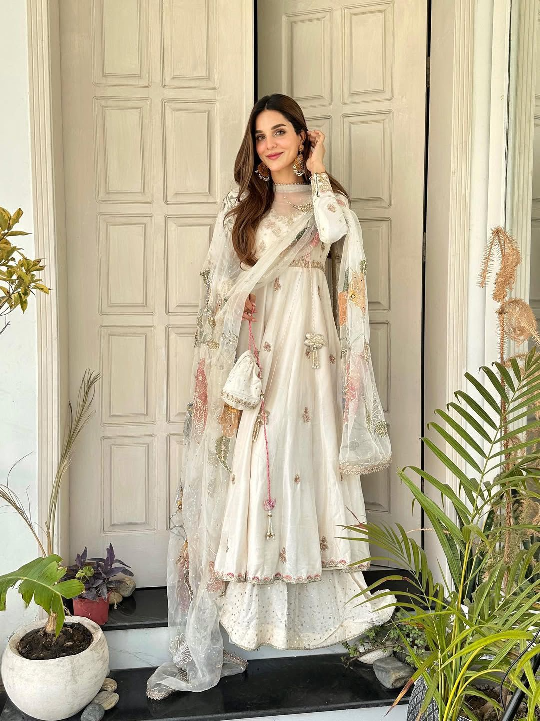 Off White Chinon Sequence Embroidered Anarkali Suit With Palazzo