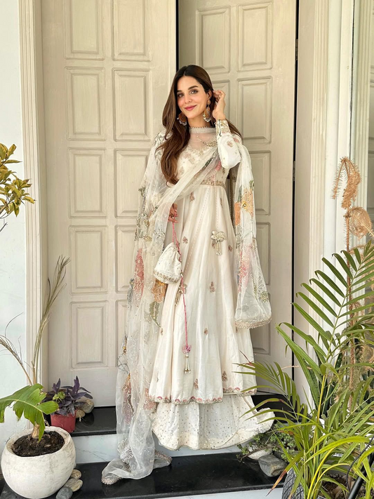 Off White Chinon Sequence Embroidered Anarkali Suit With Palazzo