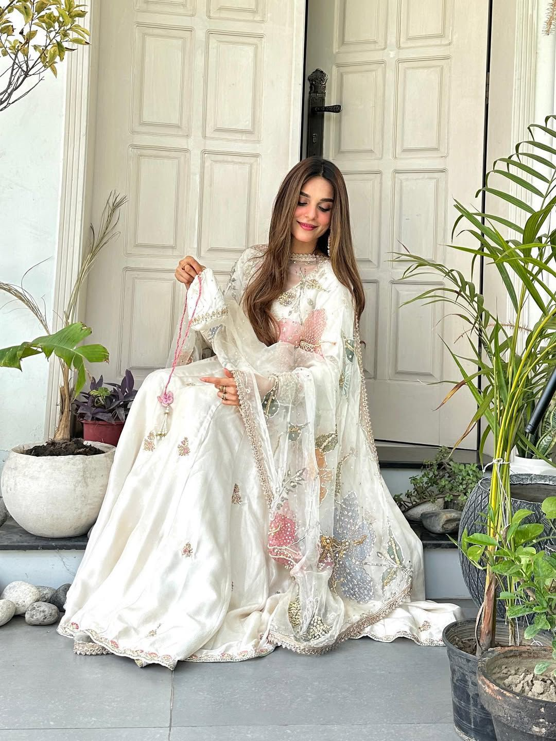 Off White Chinon Sequence Embroidered Anarkali Suit With Palazzo