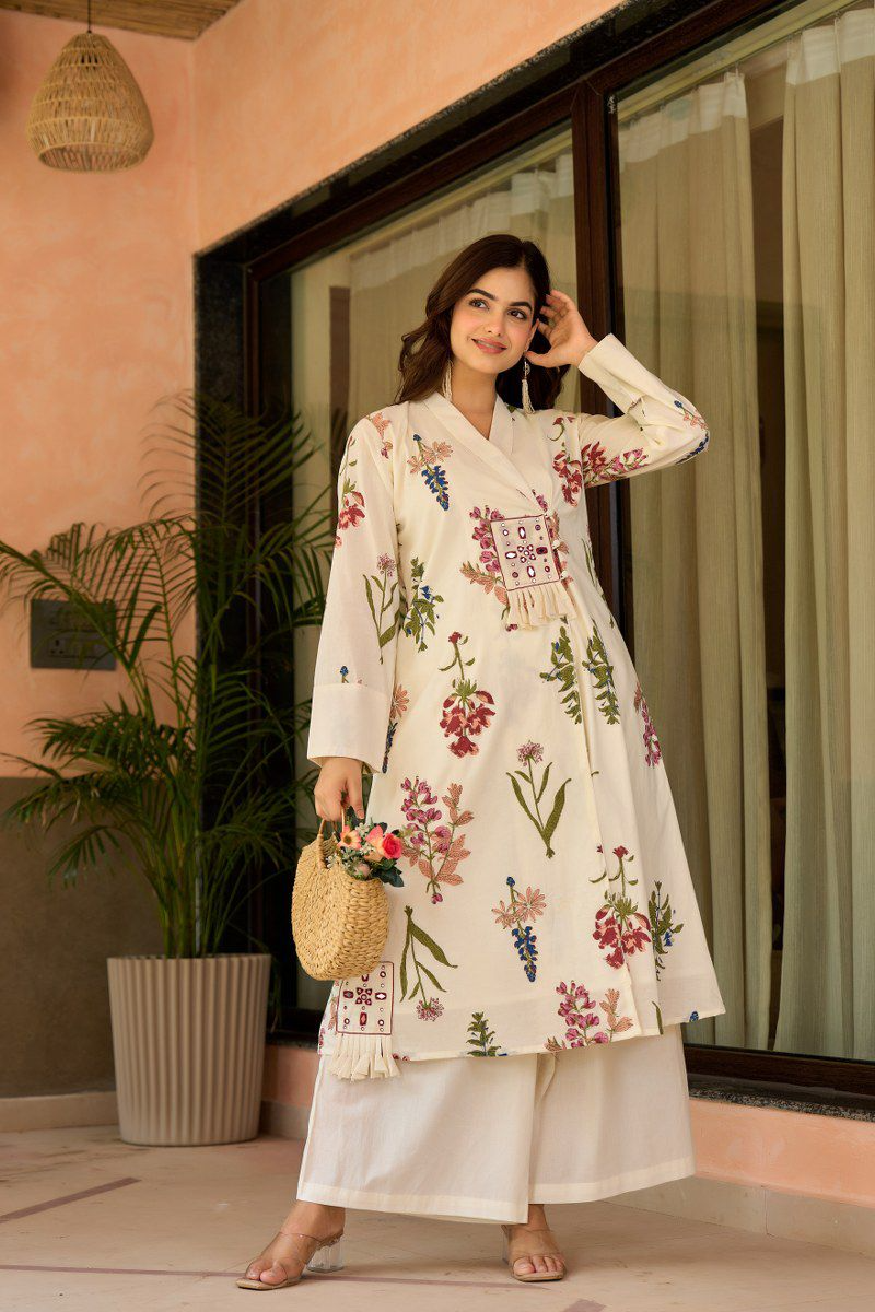 Off White Cotton Floral Kurta Palazzo Set