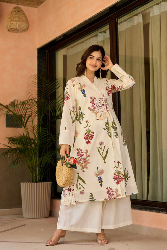 Off White Cotton Floral Kurta Palazzo Set