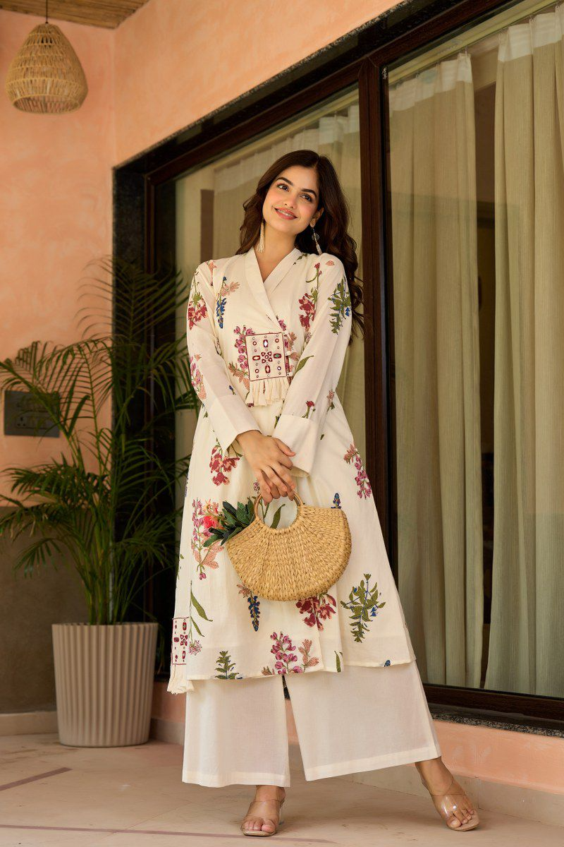 Off White Cotton Floral Kurta Palazzo Set