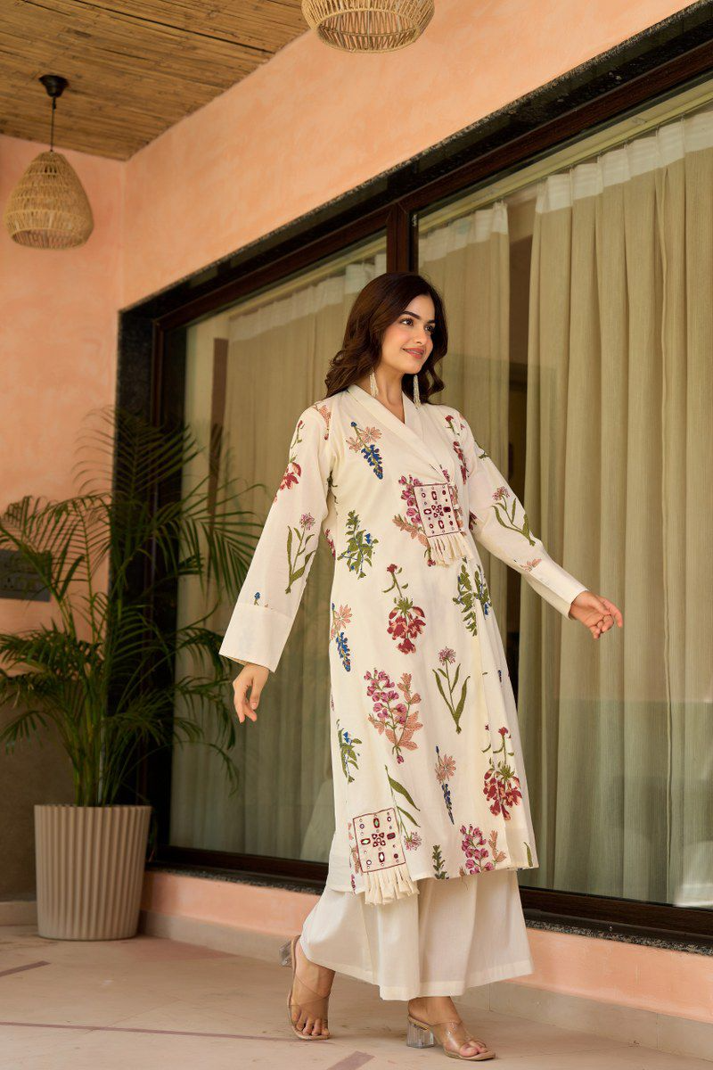 Off White Cotton Floral Kurta Palazzo Set